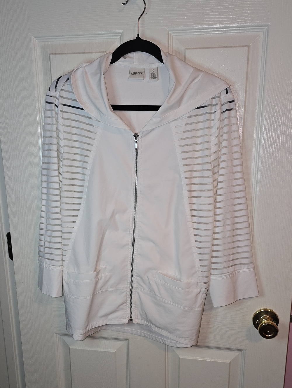 Chico's White Hooded Zip-Front Sheer-Strip Swim Cover-Up